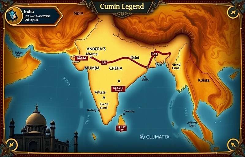 Cumin Legend Game World Map Cumin Legend game world map showing Indian regions with trading routes between Delhi, Mumbai, Chennai, and Kolkata
