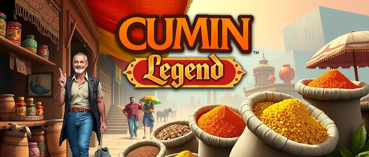 Cumin Legend Game Cover Cumin Legend game cover showing vibrant Indian spice market with traders and cumin sacks